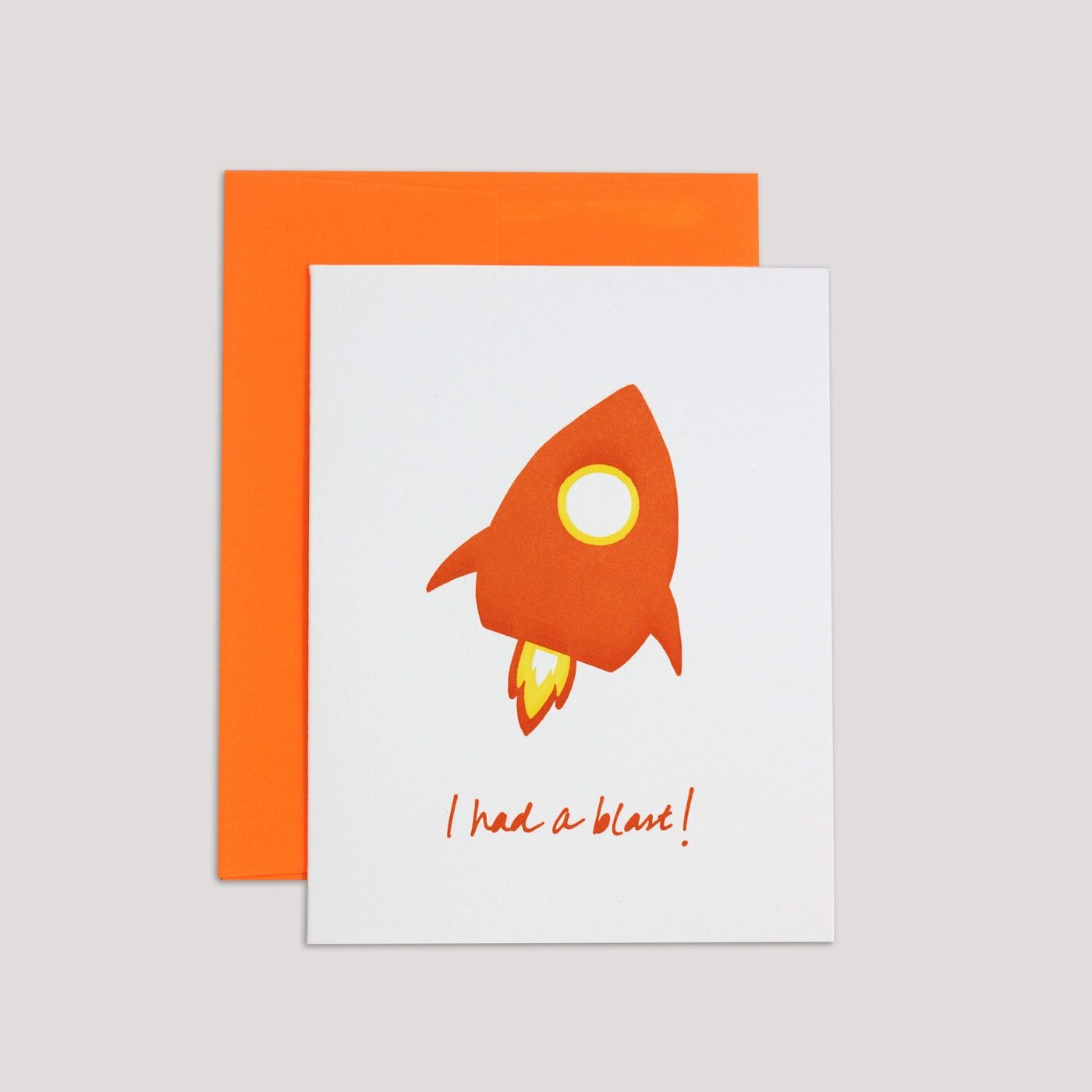 greeting card with a rocketship illustration and the hand-written phrase "I had a blast!"